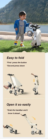 Lightweight travel stroller showing easy folding and unfolding instructions, ideal for parents with children aged 1-6 years.