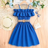 Girls casual blue dress with off-shoulder ruffles and a belted waist, perfect for summer wear.
