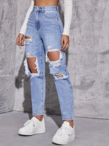 Women Retro Hole Wide-Leg Jeans