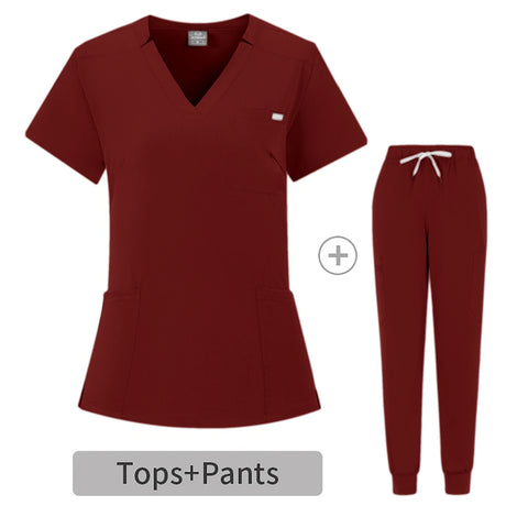 Burgundy summer breathable coveralls for women, includes top and pants design, ideal for healthcare or beauty professionals.