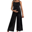 Sleeveless high waist maternity jumpsuit in solid black color, featuring loose fit design for comfortable wear during pregnancy.