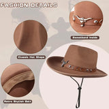Fashion details of a brown cowboy hat featuring a classic shape, sweatband, and stylish retro belt.