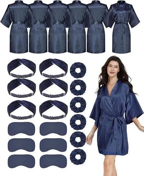 Short silky satin bride robes set with accessories for wedding party in navy blue, includes scrunchies and sleep masks.