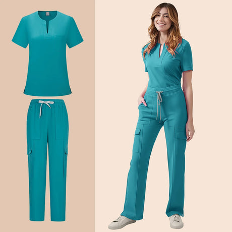 Women's medical scrub set in teal including pocket top and pants nursing uniform, ideal for healthcare professionals.