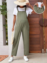 Adjustable maternity overalls in olive green, featuring loose fit and straps, perfect for comfortable summer wear.