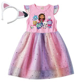 Knee-length baby girls dress with cartoon character print and colorful mesh skirt, paired with adorable animal ears headband.