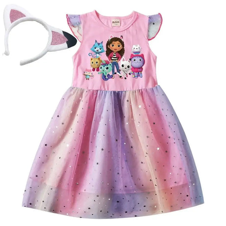 Knee-length baby girls dress with cartoon character print and colorful mesh skirt, paired with adorable animal ears headband.