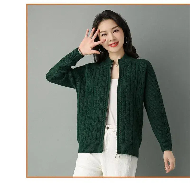 Women Zipper High Collar Knit Cardigan