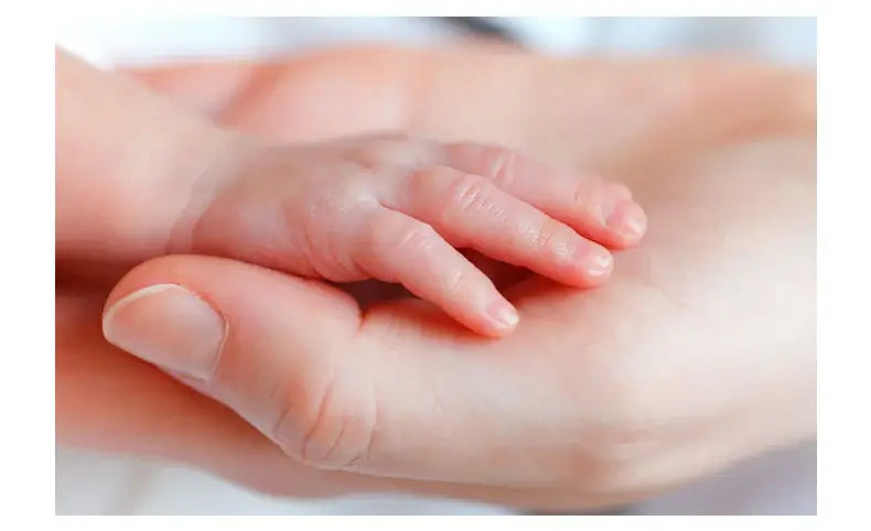 A close-up of a newborn baby's hand resting in an adult hand, symbolizing care and tenderness.