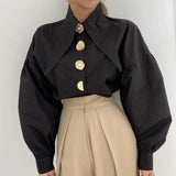 Black Pearl-Button Chic Shirt with oversized collar and stylish buttons, perfect for autumn and Y2K fashion.