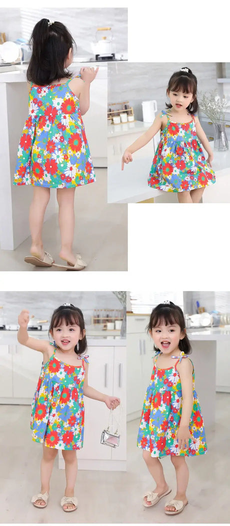 Cute summer dress for girls aged 4-6Y with vibrant floral print and sleeveless design.