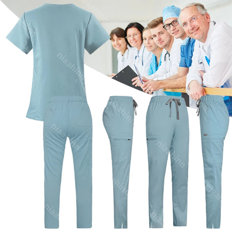 Solid color veterinary lab coat set featuring breathable tops and pants, suitable for beauty and pet grooming professionals.