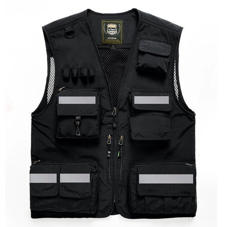 Reflective black work vest with multiple pockets, designed for utility and safety in various work environments.