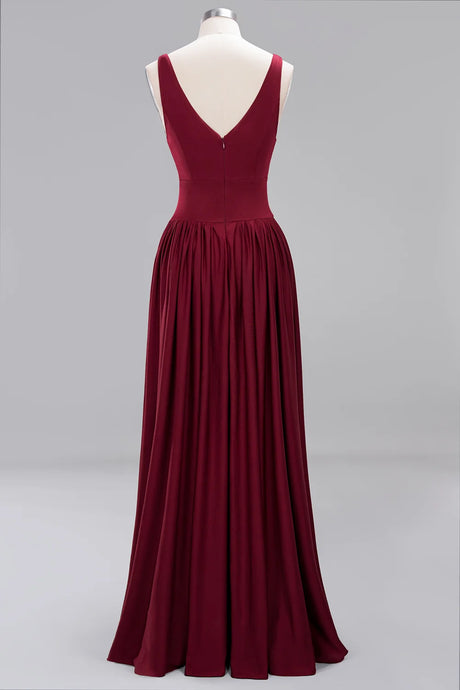 Back view of a burgundy bridesmaid evening gown with a V-neck and pleated floor-length skirt.