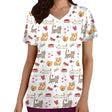 Cartoon cat print short sleeve nurse uniform featuring playful animal designs and a flattering V-neck for women.