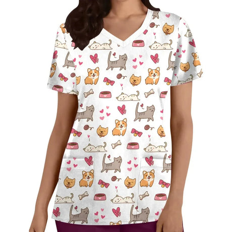 Cartoon cat print short sleeve nurse uniform featuring playful animal designs and a flattering V-neck for women.