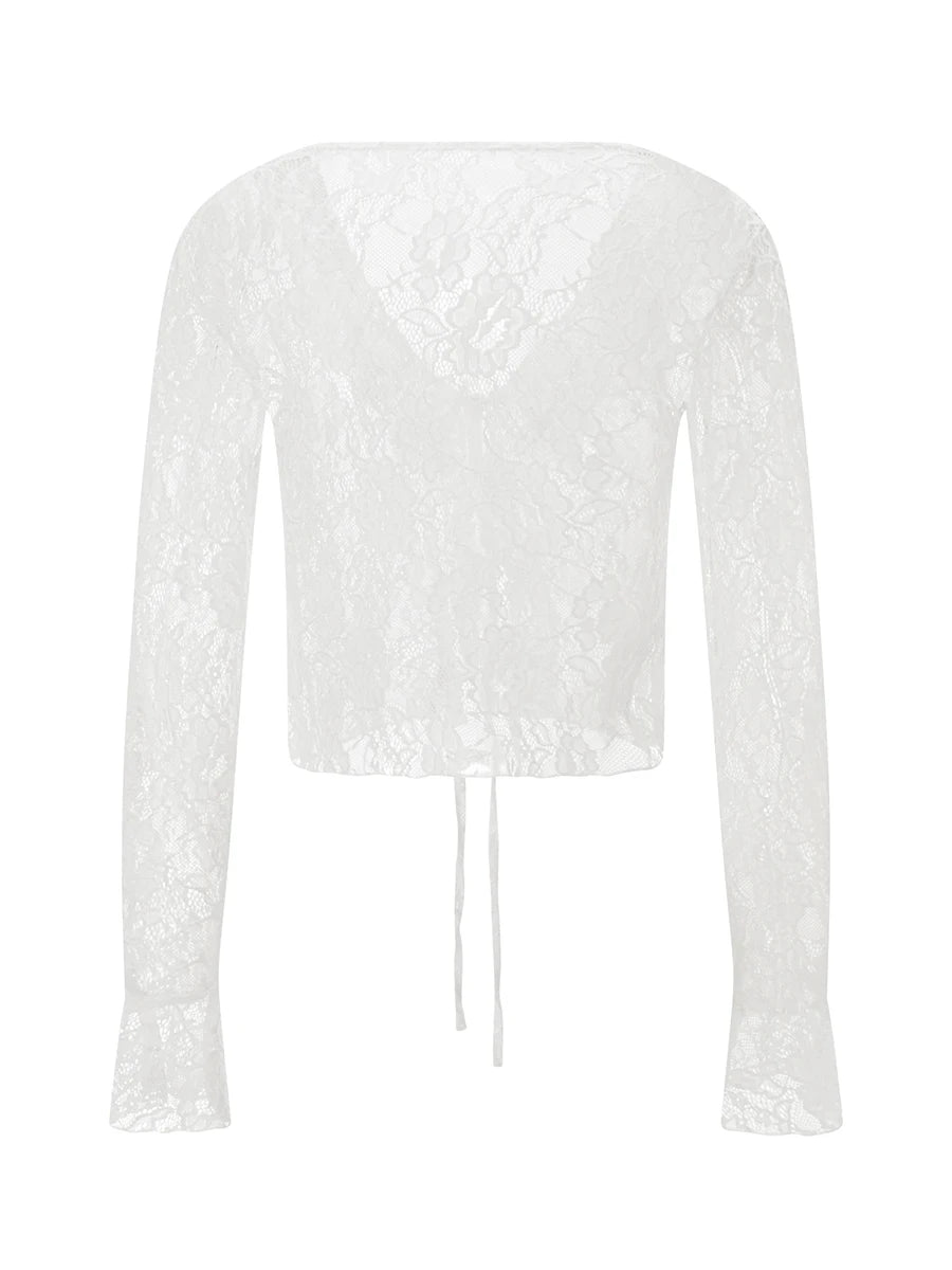 TieGlam™ Sheer Lace Crop Cardigan in white, featuring flare sleeves and a sexy front tie design.