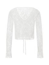 TieGlam™ Sheer Lace Crop Cardigan in white, featuring flare sleeves and a sexy front tie design.
