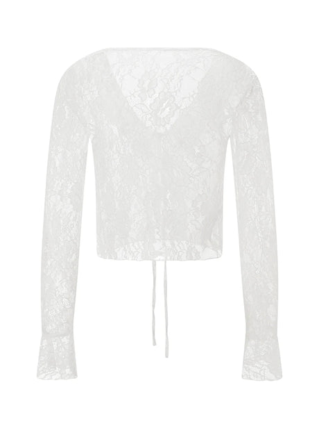 TieGlam™ Sheer Lace Crop Cardigan in white, featuring flare sleeves and a sexy front tie design.