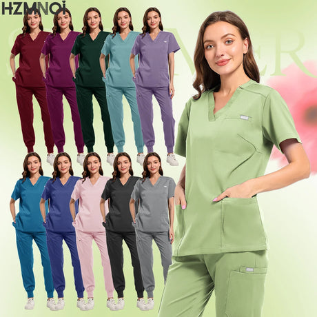 Multicolor pet clinic scrub set featuring short sleeve top and pants for women in various colors.