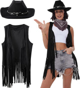 Cowgirl dressed in a black tassel vest and cowboy hat, showcasing a fun Western-themed outfit for women.