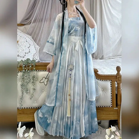 Vintage blue Hanfu cosplay dress 3-piece set for women, featuring elegant layered design and delicate embroidery.