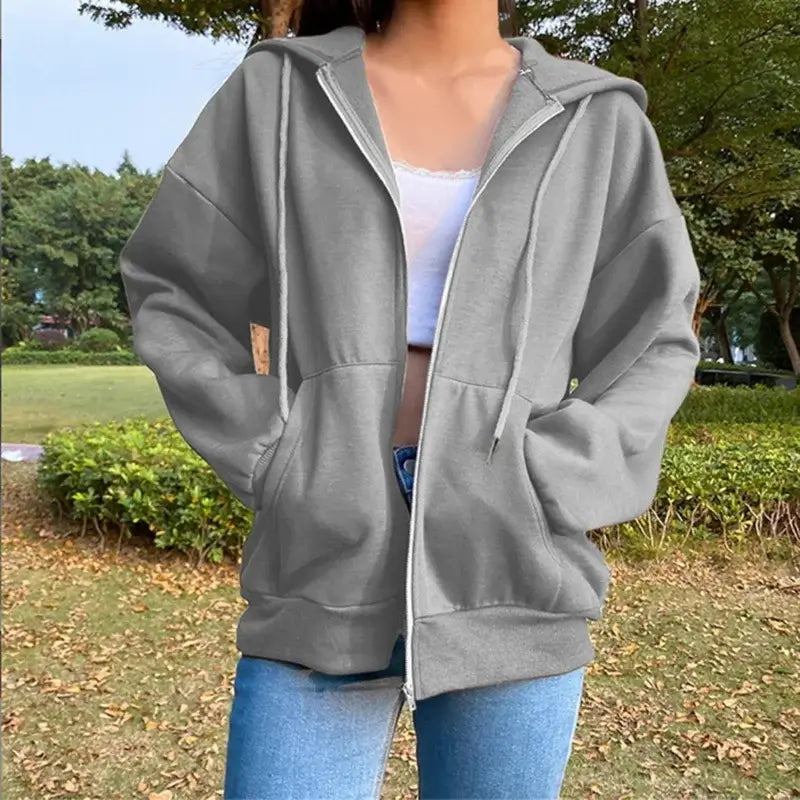 Women Fleece Hoodie Solid Color Zip Up Sweatshirt