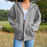 Women Fleece Hoodie Solid Color Zip Up Sweatshirt