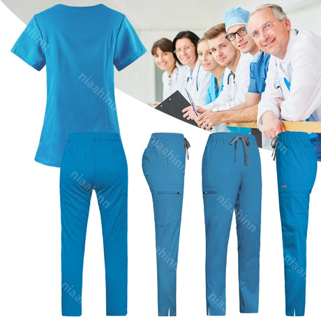 Solid color blue veterinary scrub set featuring a stylish top and comfortable pants, ideal for professional use.