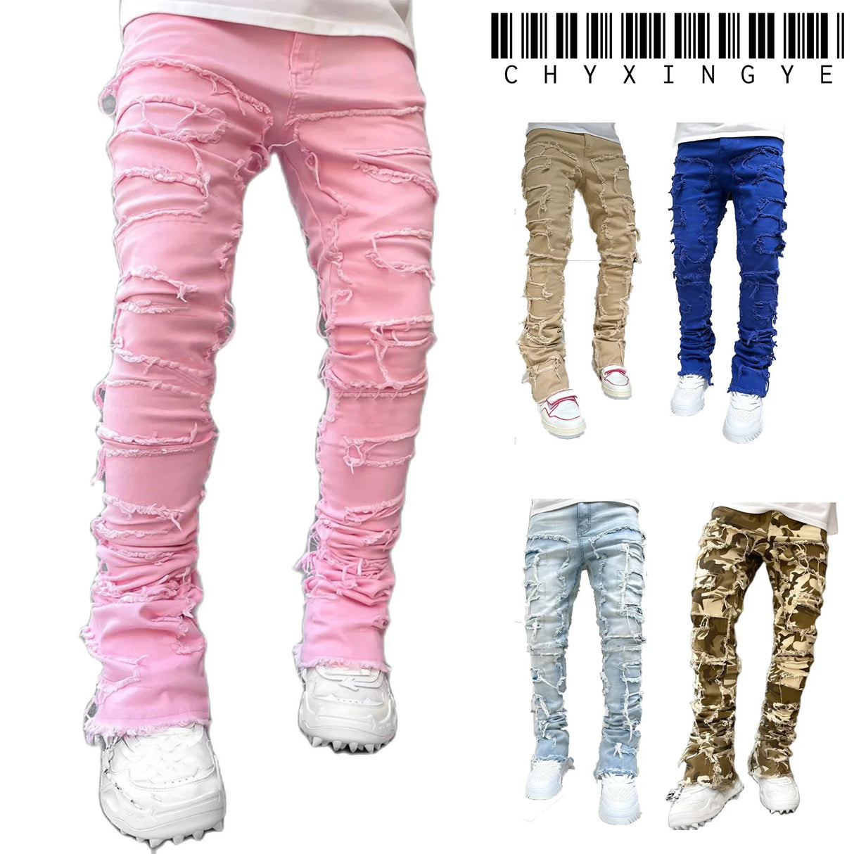 Men Patchwork Stacked Jeans