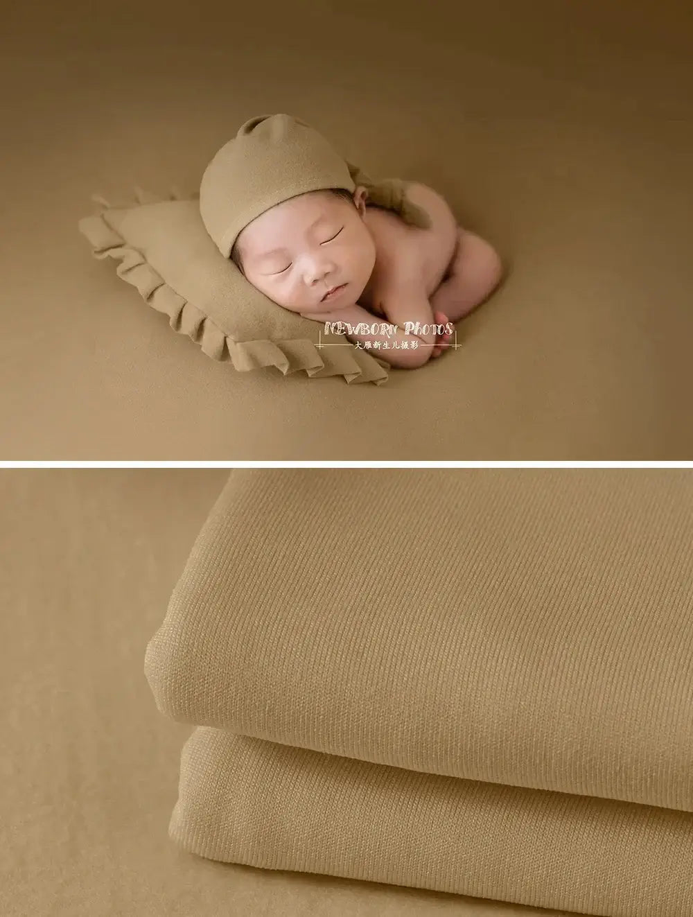 Newborn soft wrap blanket in neutral tones, ideal for baby photography, featuring a cozy cap and textured backdrop.
