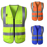 Unisex multi-pocket safety vests in yellow, orange, and blue with reflective strips for enhanced visibility and utility.