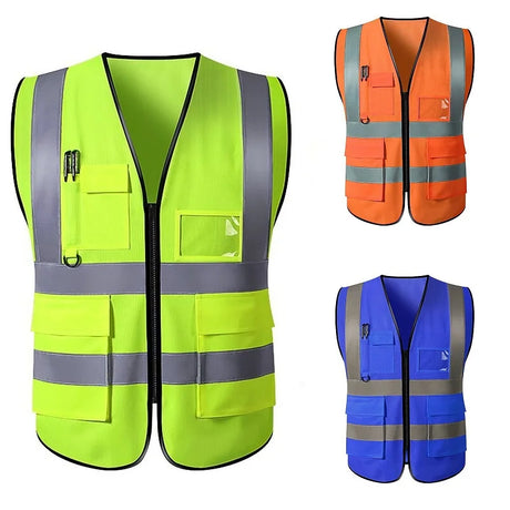 Unisex multi-pocket safety vests in yellow, orange, and blue with reflective strips for enhanced visibility and utility.