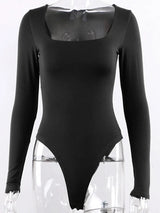 Women's Square Neck Long Sleeve Bodysuit – Sexy Bodycon Black Top