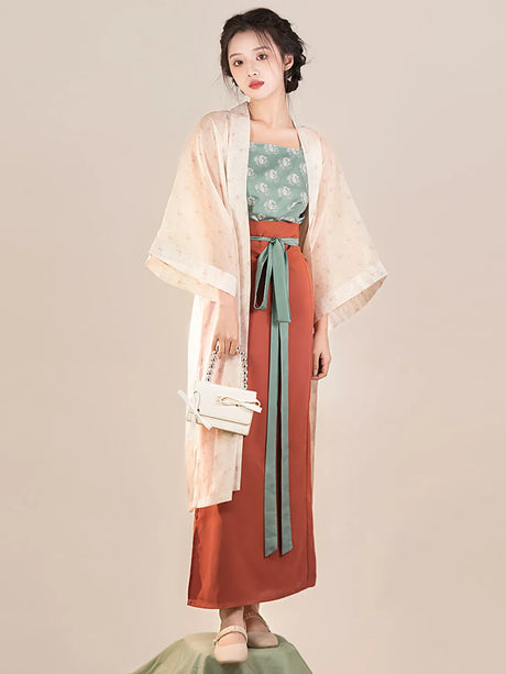 Song Dynasty Hanfu three-piece outfit featuring a floral top, elegant kimono, and stylish skirt.