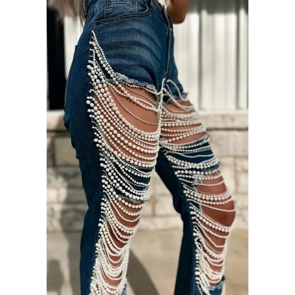 ChainTear™ – Bead Chain Ripped Slim Denim Pants 2025 (Grungy, Sleek & Decorative)