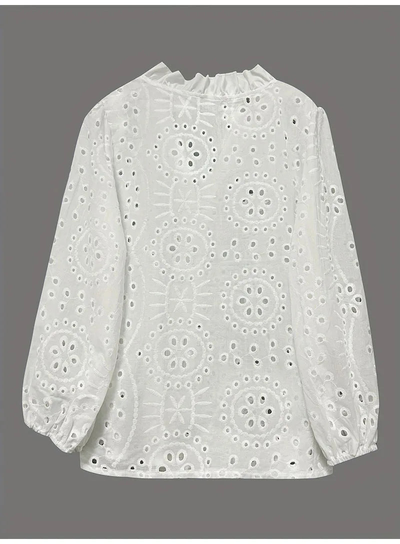 Back view of LaceWhisper™ hollow out white lace shirt, featuring intricate embroidery and long sleeves.
