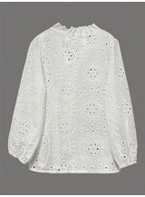 Back view of LaceWhisper™ hollow out white lace shirt, featuring intricate embroidery and long sleeves.