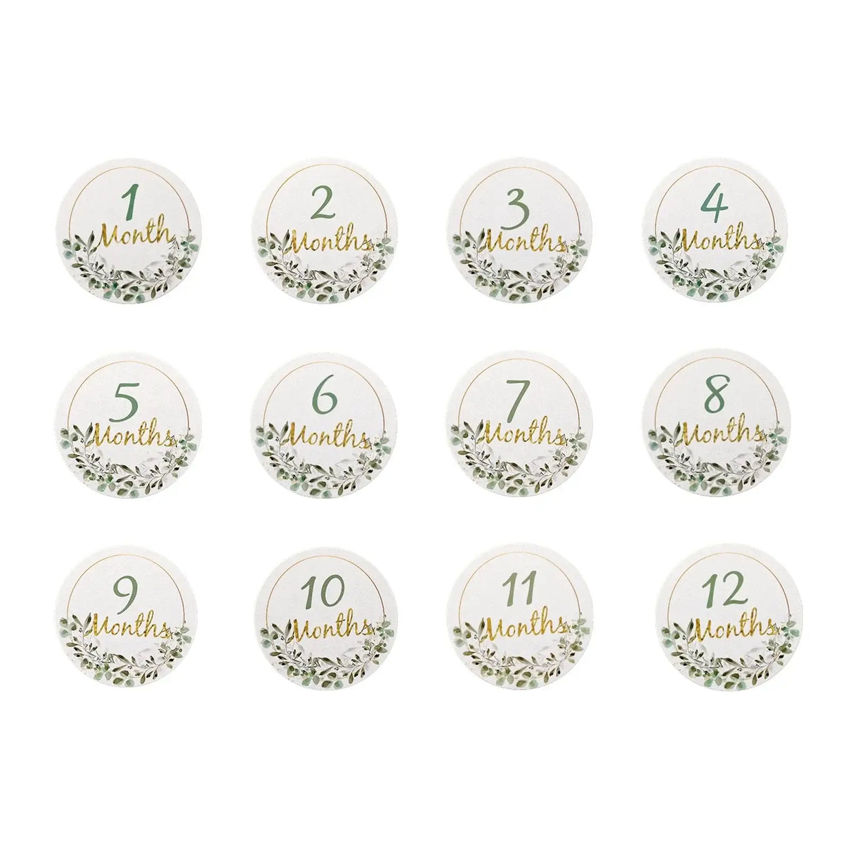 Set of 12 monthly milestone cards for newborns, featuring floral designs and numbers 1 to 12.