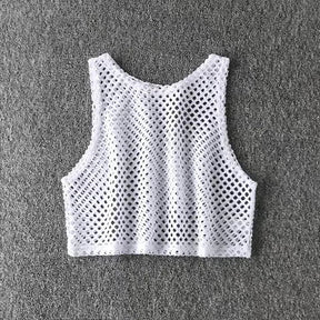 MeshGlow™ hollow-out summer crop top in fishnet design, breathable and loose fit for casual style.