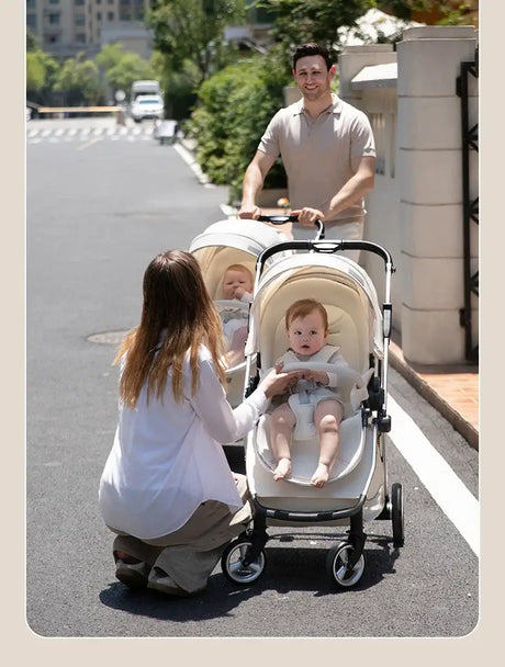 Parents enjoying a sunny day with a twins baby stroller on the street, showcasing their infants in comfort.