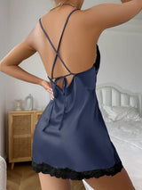 Women Satin Lace Nightdress Deep V Backless Sleepwear