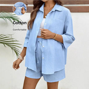 Light blue 2-piece casual maternity set of shirt and shorts made from comfortable cotton fabric.
