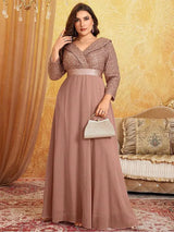 Women Plus Size Chiffon Sequin Long Sleeve Evening Dress