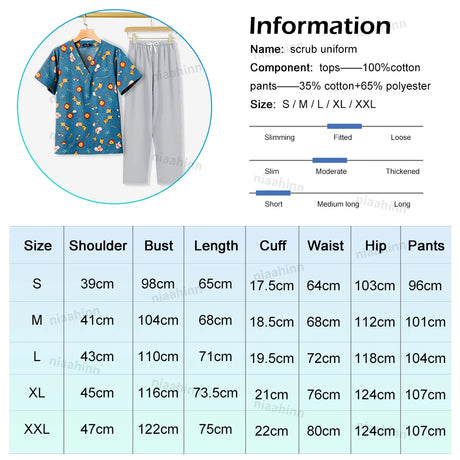 Cartoon print dental scrubs set featuring 100% cotton top and polyester blend pants, available in multiple sizes.