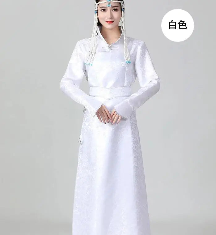 Mongolian ethnic women’s traditional dress in white, featuring elegant design and full sleeves.