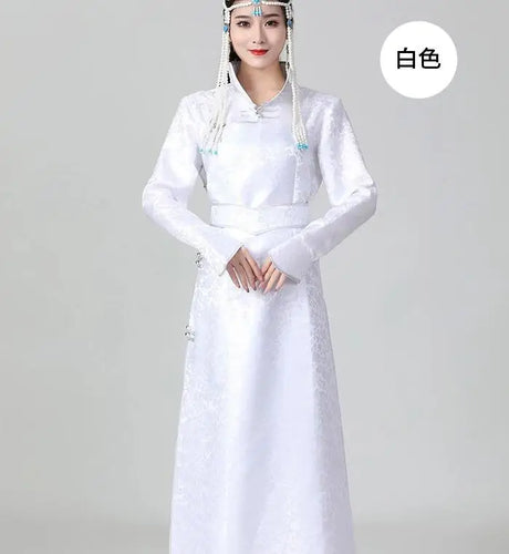 Mongolian ethnic women’s traditional dress in white, featuring elegant design and full sleeves.