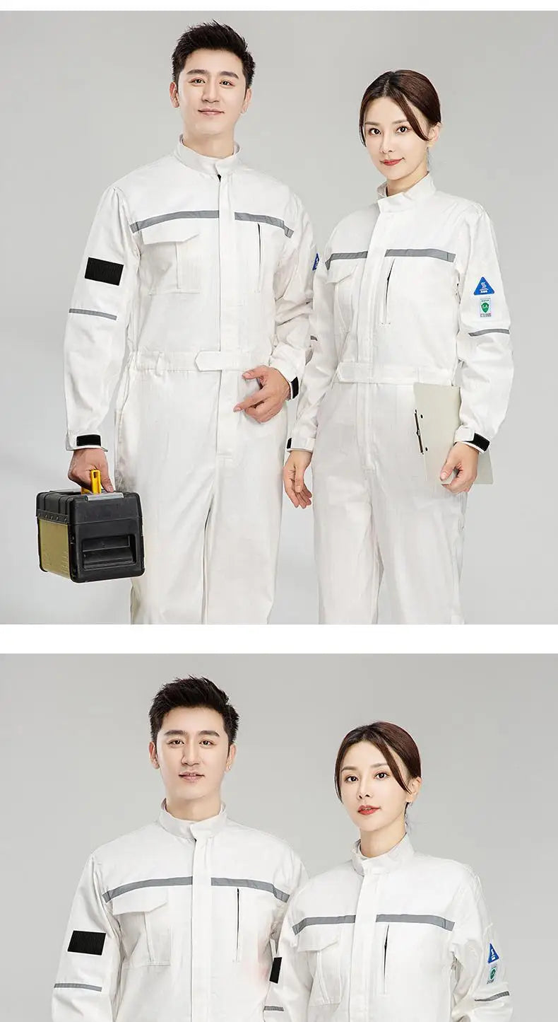 Two professionals wearing Anti-Static Flame-Resistant Welding Suit made of pure cotton, ready for work in a safe environment.