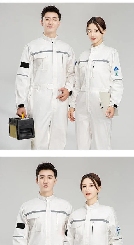 Two professionals wearing Anti-Static Flame-Resistant Welding Suit made of pure cotton, ready for work in a safe environment.