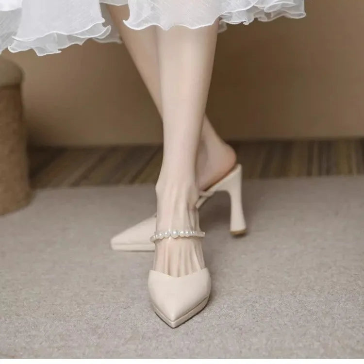 Women’s Slippers Beige Pointed Toe Heeled Slides
